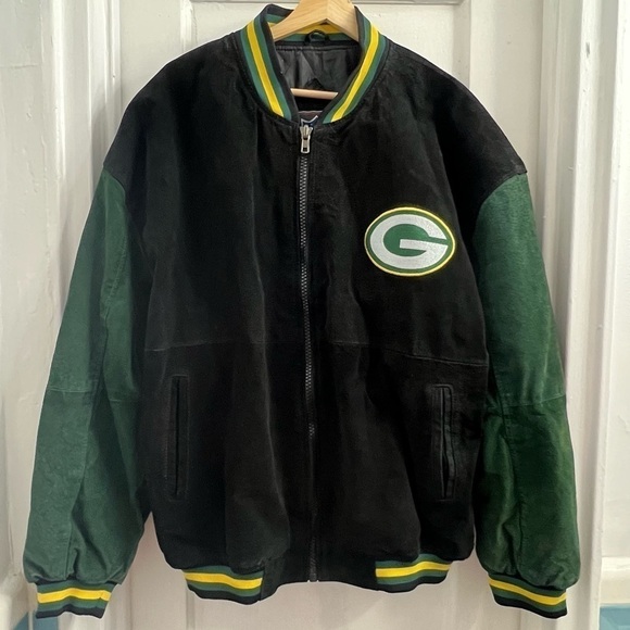 Vintage NFL Greenbay Packers Suede Leather Varsity Jacket, Black and Green, L - Picture 1 of 7